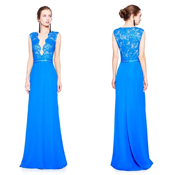 Tadashi Shoji Blue Wilhelmina Illusion Lace Gown Dress